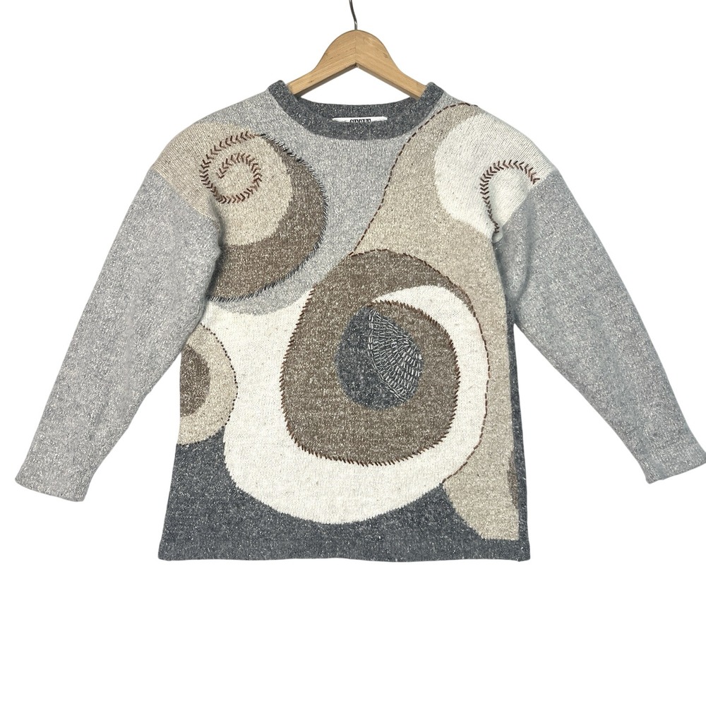 VTG Segue Silk Angora Lambswool Sweater Art to‎ Wear Sz small Gray Tan Beaded